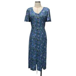 Vintage Caroline Wells Womens Size 10 Floral 90s Lace Back Button Up Midi Dress